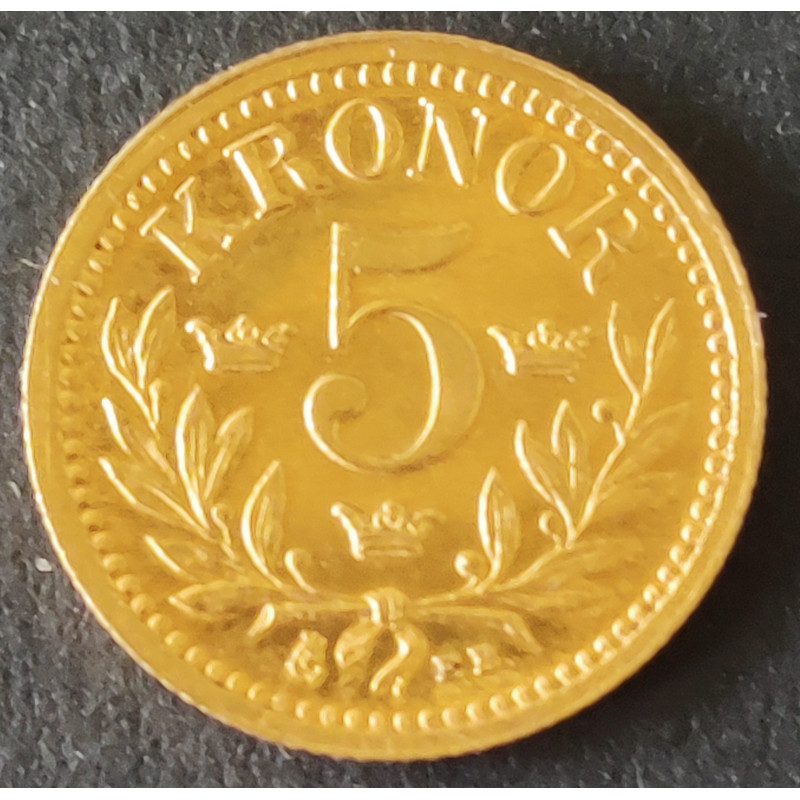 Sverige-Sweden. 5 kr. 1894 Oscar II 1894, vægt 2,24 gram guld