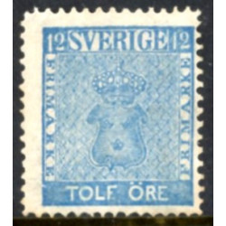 Sverige. 1858. 12 Øre, våben, Ultramarin, AFA nr. 9a, postfrisk stemplet
