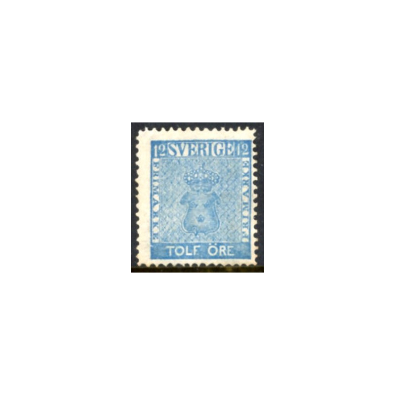 Sverige. 1858. 12 Øre, våben, Ultramarin, AFA nr. 9a, postfrisk stemplet