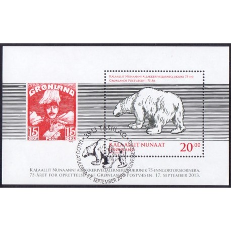 2013. 20,00 Kr. Post Greenland 75 års jubilæum, i miniark. AFA nr 652 postfrisk stemplet