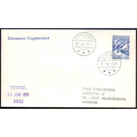 Post/Telestation Tingmiarmiut på brev med AFA nr. 39a stemplet Tinmiarmiut 12,6,1971 til Skanderborg