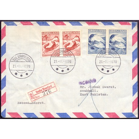 Luftpostbrev. til Pakistan, returneret med "inconno" stemplet Sdr. Strømfjord 23,11,1970