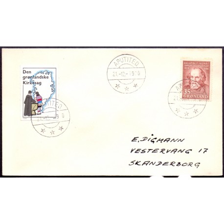 Aputiteq. 1970. Brev med AFA nr 64 samt mærkat Den Grønlandske Kirkesag, på brev stemplet. 21.12.1970 t