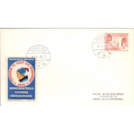 Aputiteq. 1971. Brev med AFA nr. 70 samt mærkat for Grønlandske Børn, på brev stemplet. 
