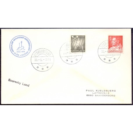 Grønlands Geologiske Undersøgelser 25 år 1946-1971, Scoresby Land, brev til Skanderborg Danmark, stemplet Scoresbysund 30.6.1971