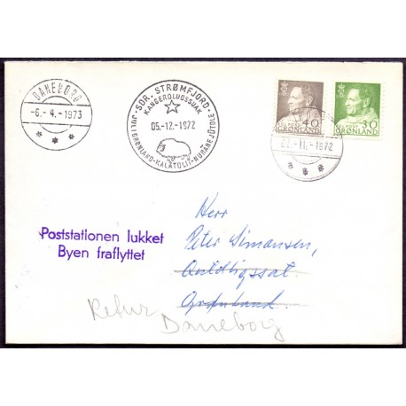 Poststationen lukket Byen fraflyttet. Brev til QUTLIGSSAT 3.11.72, men returnere