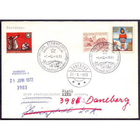 Postdrop. Cover from Sdr. Strømfjord (1.12.1971) to Stationleader Eigil . Jensen. Tingmiarmiut