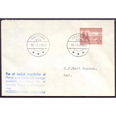 For at undgå forsinkelse af Deres post... Poststationen Godthåb, stemplet Godthåb 15.1.1972