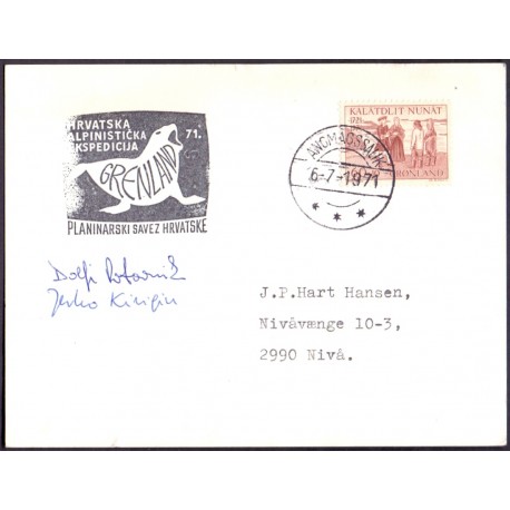 Kroatien. Hrvatska Alpinisticka Ekspedicija 71, with dif. Sign, on homemade card to Nivå Denmark
