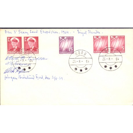 Den 3' Pearyland ekspedition 1964. on cover, cancelled NORD 25.8.64 