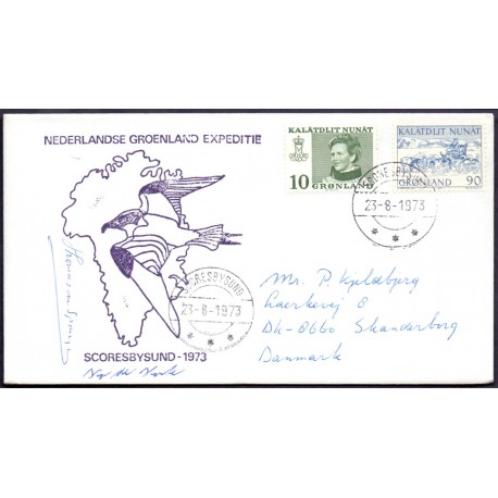Holland. Nederlandse Groenland Expeditie Scoresbysund 1973. on cover, to Skanderborg Denmark