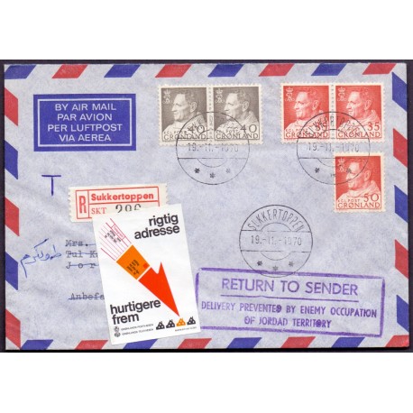 Luftpostbrev. Forsøgt sendt til Jordan, "Return To Sender delivery prevented by ENEMY occupation of Jordan Territory" 
