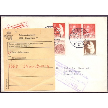 Luftpostbrev. Forsøgt sendt til Jordan, "Return To Sender delivery prevented by ENEMY occupation of Jordan Territory" 