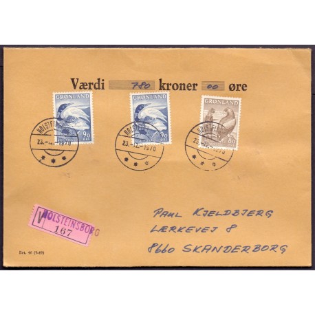 HOLSTEINSBORG. VÆRDIBREV. Til Danmark, stemplet Holsteinsborg 23-12-1970