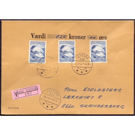 GODTHÅB. VÆRDIBREV. Til Danmark, stemplet Godthåb 10-12-1970