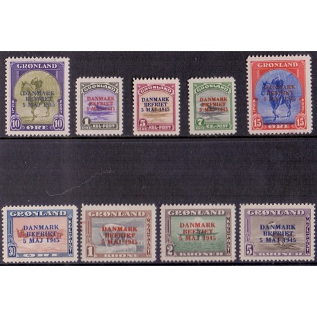 1945. Amerikaudgaven, DANMARK BEFRIET, AFA 17-25, komplet postfrisk