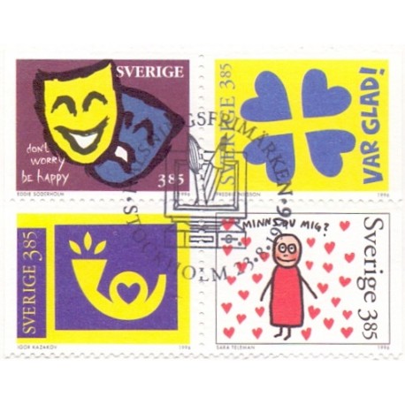 Sverige 1996. Brevhilsner. AFA 1882-85, postfrisk stemplet  hæfte FDC