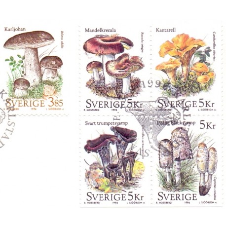 Sverige 1996. Svampe. AFA 1886-90, postfrisk stemplet  hæfte FDC