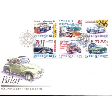 Sverige 1997. Biler. AFA nr. 1947-52 postfrisk stemplet  hæfte FDC