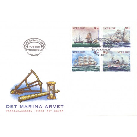 Sverige 1999. Maritim Arv. Skibe. AFA nr. 2036-9 postfrisk stemplet  hæfte FDC parstykkke