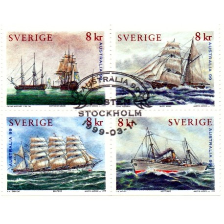 Sverige 1999. Maritim Arv. Skibe. AFA nr. 2036-9 postfrisk stemplet  hæfte FDC parstykkke
