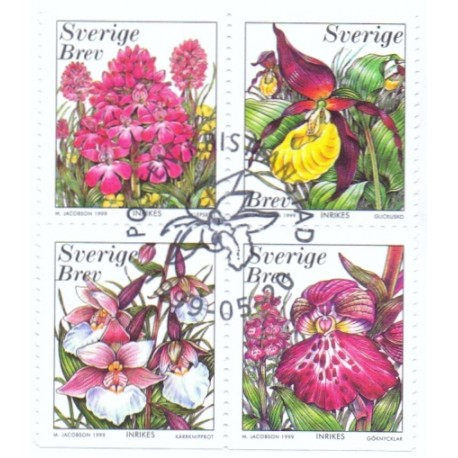 Sverige 1999. Orkidéer. AFA nr. 2042-45 postfrisk stemplet  hæfte FDC parstykkke