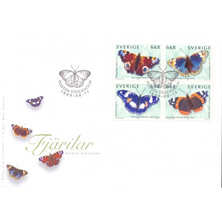 Sverige 1999. Sommerfugle. AFA nr. 2065-8 postfrisk stemplet  hæfte FDC parstykkke