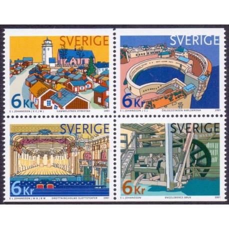 Sverige 2001. Kultur- og naturarv I. AFA 2139-42, postfrisk sammentryk parstykke stemplet  hæfte FDC parstykkke