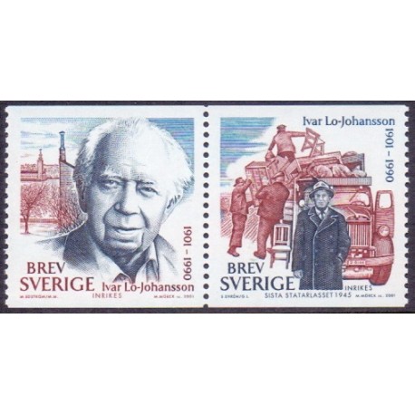 Sverige 2001. Ivar Lo-Johansen AFA nr. 2169-70, postfriske parstykker stemplet  hæfte FDC parstykkke