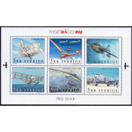 Sverige 2001. Flyet dengang og nu miniark. AFA 2178-83, postfrisk stemplet  hæfte FDC parstykkke