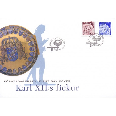 Sverige 2000. Kong Karl XII's lommeur. AFA 2085-86 postfrisk stemplet  hæfte FDC parstykkke