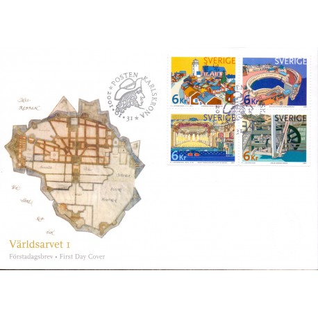 Sverige 2001. Kultur- og naturarv I. AFA 2139-42, postfrisk sammentryk parstykke stemplet  hæfte FDC parstykkke