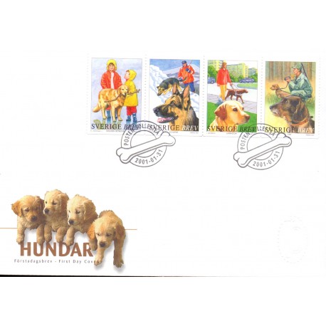 Sverige 2001. Hunde. AFA 2145-48, postfrisk sammentryk parstykke stemplet  hæfte FDC parstykkke