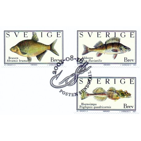 Sverige 2001. Fisk. AFA 2173-75, postfrisk stemplet  hæfte FDC parstykkke