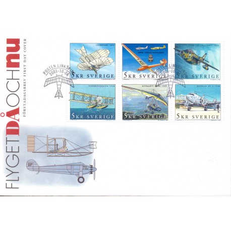 Sverige 2001. Flyet dengang og nu miniark. AFA 2178-83, postfrisk stemplet  hæfte FDC parstykkke