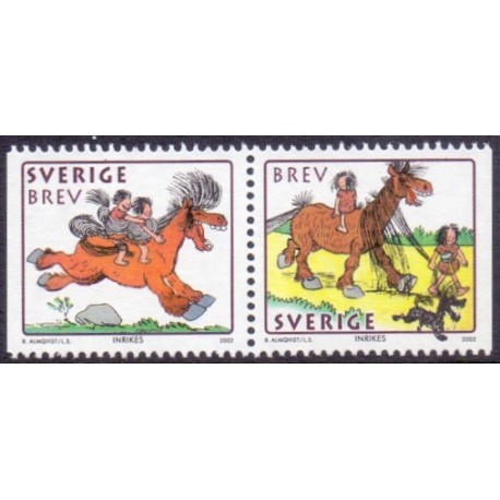 Sverige 2002. Hesten Hårfager. AFA 2197-98, postfrisk parstykke  stemplet  hæfte FDC parstykkke