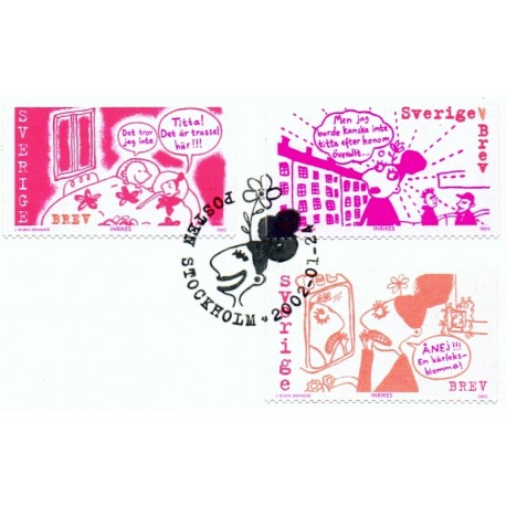Sverige 2002. Fröken Livrääd ock Kärleken. AFA 2199-2201, postfrisk  stemplet  hæfte FDC parstykkke