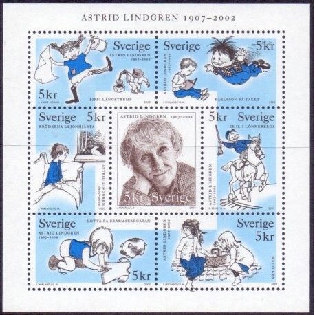 Sverige 2002. Astrid Lindgren miniark. AFA 2203-09, postfrisk   stemplet  hæfte FDC parstykkke, miniark