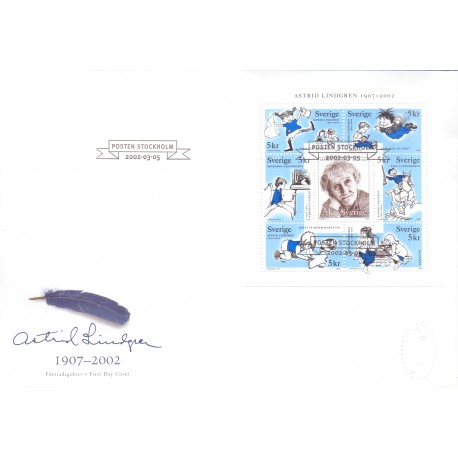 Sverige 2002. Astrid Lindgren miniark. AFA 2203-09, postfrisk   stemplet  hæfte FDC parstykkke, miniark