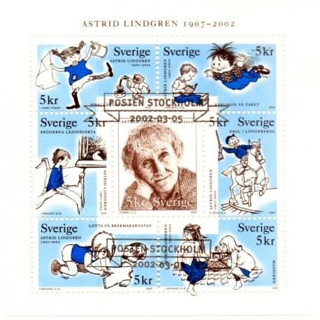 Sverige 2002. Astrid Lindgren miniark. AFA 2203-09, postfrisk   stemplet  hæfte FDC parstykkke, miniark