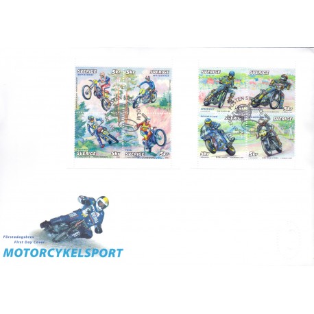 Sverige 2002. Motorcykelsport. AFA 2240-47, i postfrisk sammentryk  stemplet  hæfte FDC parstykkke