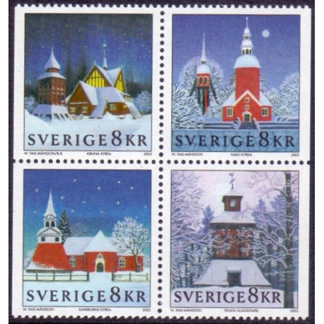 Sverige 2002. Kirker i juletiden. AFA 2250-53,  postfrisk sammentryk   stemplet  hæfte FDC parstykkke