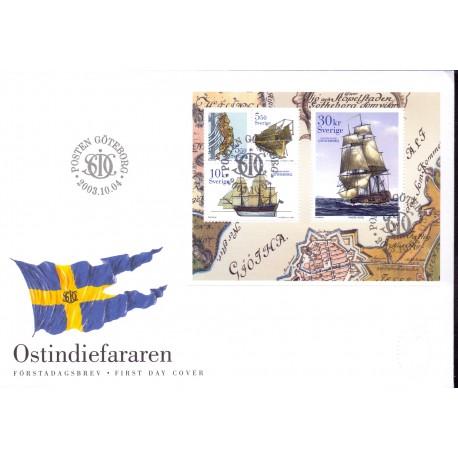 Sverige 2003. Østindien søfarer. AFA 2295-98,  postfrisk miniark stemplet  hæfte FDC parstykkke