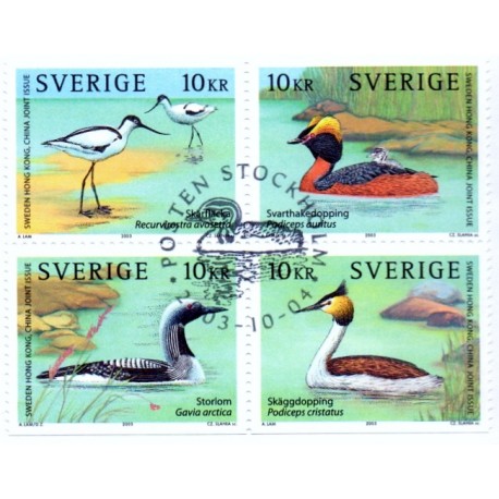 Sverige 2003. Strand- og søfugle. AFA 2299-2302,  postfrisk sammentryk stemplet  hæfte FDC parstykkke