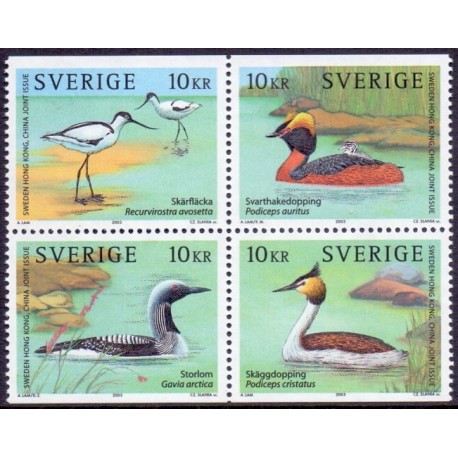 Sverige 2003. Strand- og søfugle. AFA 2299-2302,  postfrisk sammentryk stemplet  hæfte FDC parstykkke