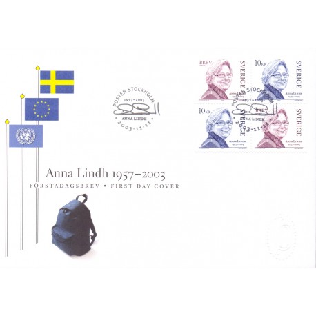 Sverige 2003. Anna Lindh. AFA nr. 2303-04, i  postfrisk sammentryk stemplet  hæfte FDC parstykkke