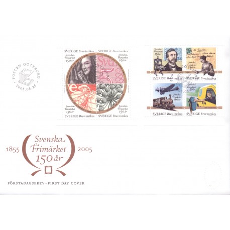 Sverige 2005. Svenske frimærker 150 år. AFA nr. 2405-12, postfrisk sammentryk  stemplet  hæfte FDC parstykkke