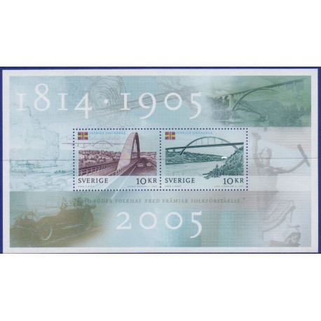 Sverige 2005. 100 året for unionen mellem Sverige og Norge  AFA nr. 2415, postfrisk  miniark stemplet FDC 
