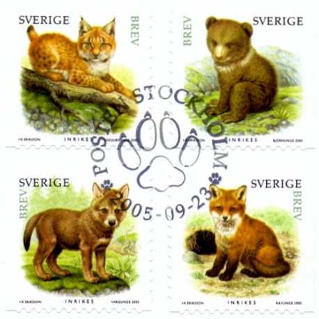 Sverige 2005. Vilde dyreunger. AFA nr. 2428-31, postfrisk  sammentryk stemplet  hæfte FDC parstykkke