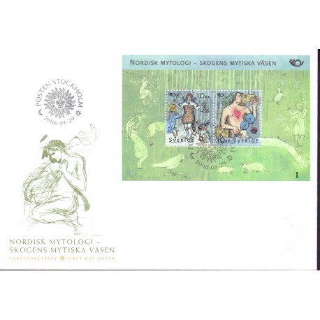 Sverige 2006.Nordisk mytologi II. AFA nr. 2451-52, postfrisk miniark sammentryk stemplet  hæfte FDC parstykkke